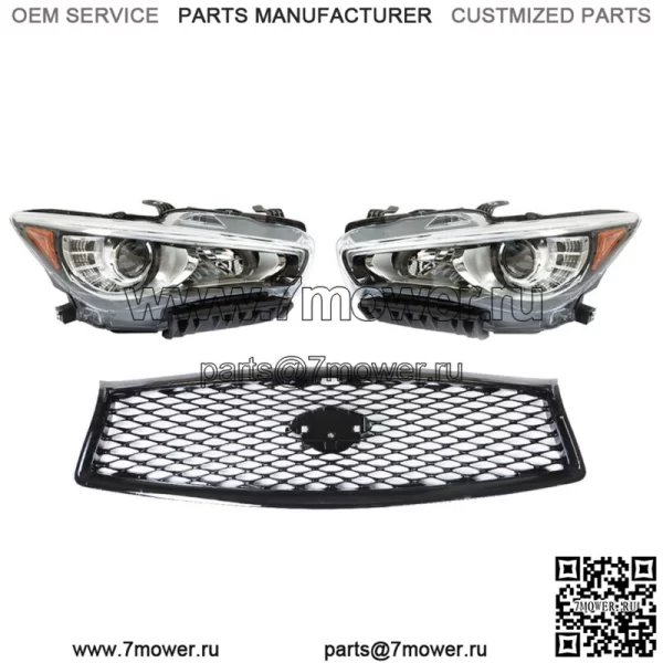 Пара фар + передняя верхняя решетка радиатора для 2014-2016 2017 Infiniti Q50 без AFS, левая + правая