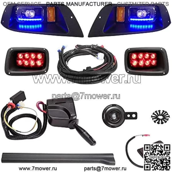 Комплект задних фар для гольф-кара Deluxe для EZGO TXT 36 В всесезонного и 48 В 1996-2013 гг. с дневными ходовыми огнями RGB, ближним и дальним светом, указателем поворота, тормозной накладкой, аварийной сигнальной лампой